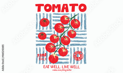 Red tomato vintage t-shirt design. Organic vegetable farm. Tomato vegetable artwork for t shirt print, poster, sticker and other uses.