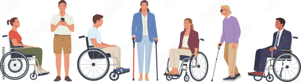 Inclusive community featuring diverse individuals with disabilities using wheelchairs and canes, promoting accessibility and representation. Inclusive community featuring diverse individuals with disabilities using wheelchairs and canes, promoting accessibility and representation.
