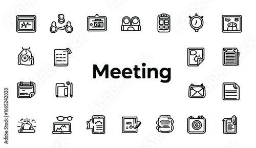 Meeting Icon Set with Planning Scheduling Collaboration and Communication Elements for Business and Productivity Enhancement