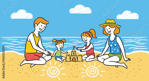 Happy family building sandcastle together on the beach, enjoying summer vacation and creating