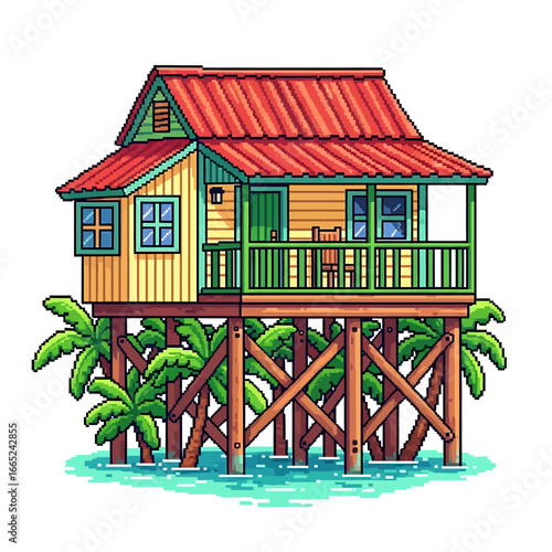 Pixel art depiction of a colorful, wooden stilt house on a body of water, surrounded by palm trees.