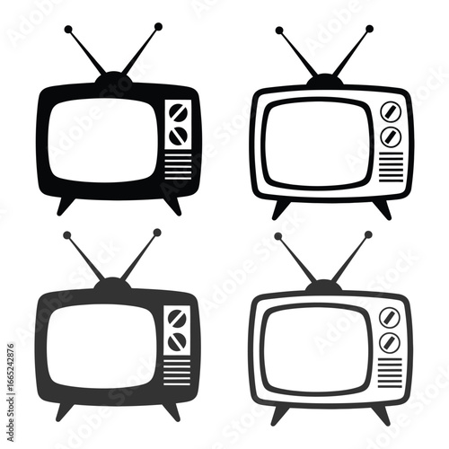 Vector art of retro television set icons, showcasing vintage tv designs with antennas, screens, and classic style, perfect for nostalgic or themed graphics