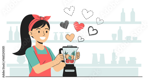 Happy woman preparing healthy smoothie with love, embodying a healthy lifestyle and well-being