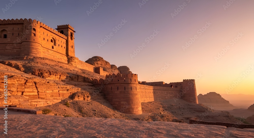 Obraz premium Majestic Fortress Captivating Sunset View of an Ancient Citadel's Walls, Evoking History and Architectural Grandeur with a Warm Glow