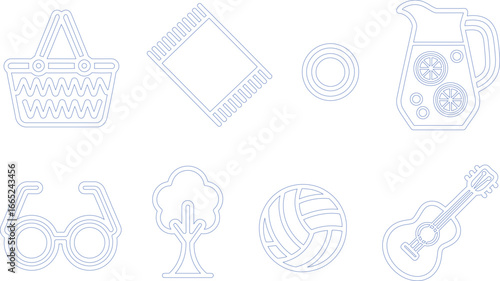 Picnic Basket, Blanket, Ball, Guitar, Tree, Pitcher, Glasses Outlined on Transparent