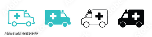 Vector art of ambulance emergency vehicle for medical transport and health care, featuring a cross symbol, siren light, and essential equipment for rescue service
