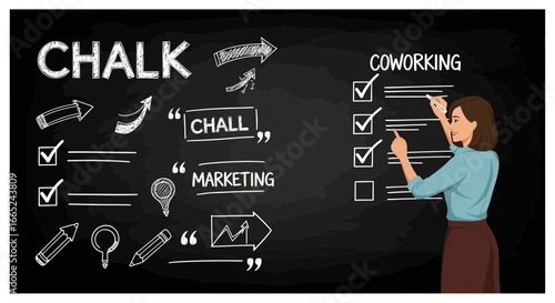 Illustrated image of a woman marking a checklist on a chalkboard for coworking space