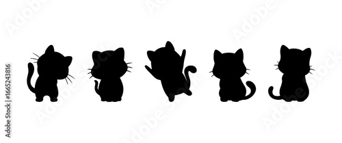 Five playful cats in various positions on a white background showcasing their different poses and expressions
