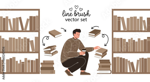 Illustrated man organizing books in a library with shelves and coffee break illustration