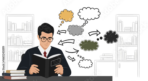 Illustrated man reading with colorful thought clouds representing complex ideas and learning