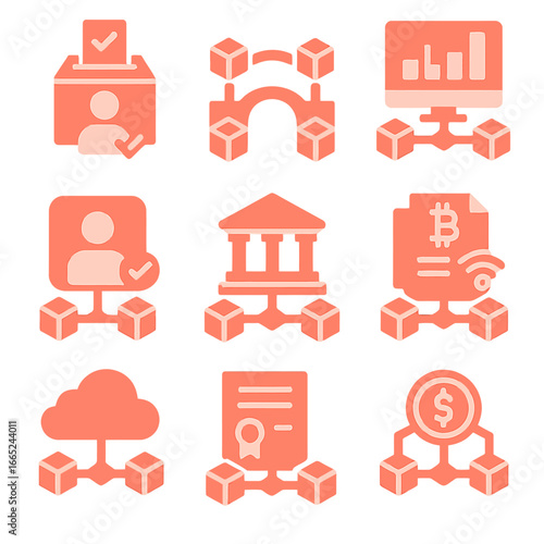 Blockchain technology icons in 3d cubes for finance and networking concepts