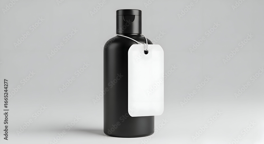 Fototapeta premium Black Bottle with Wooden Cap and White Tag Minimalist Look flat lay with copy space background 