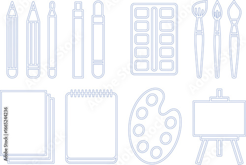 Set of Blue Outline Art Supplies with Pencils, Paintbrushes, Palette on White