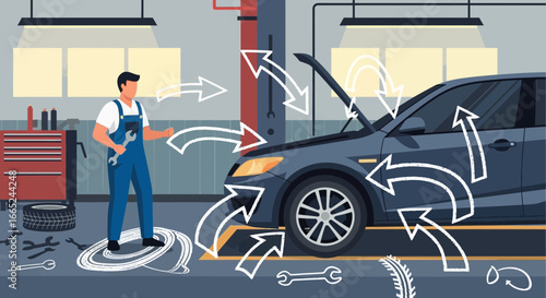 Illustration depicting a mechanic in a garage, servicing a car with diagnostic arrows, showcasing
