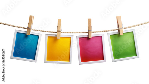 Wallpaper Mural Four Colorful Instant Photo Frames Hanging on Rope – Polaroid Style Empty Frame PNG Torontodigital.ca