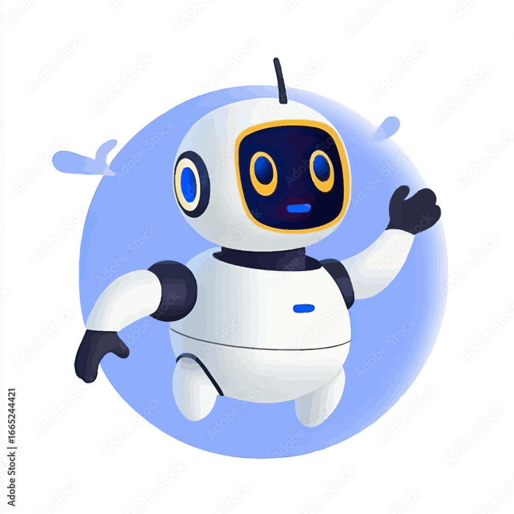 Fototapeta premium Friendly white and black robot character waving hand in front of blue circular background artificial intelligence concept minimalist vector design