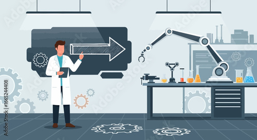 Illustration depicting a scientist overseeing robotic automation in a modern laboratory
