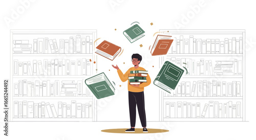 Illustration depicting a student juggling books in front of full bookshelves reading and studying