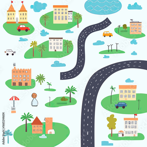 Cartoon map with toy buildings cars roads green islands trees clouds and lake in flat minimalist vector style for kids travel or city concept illustration