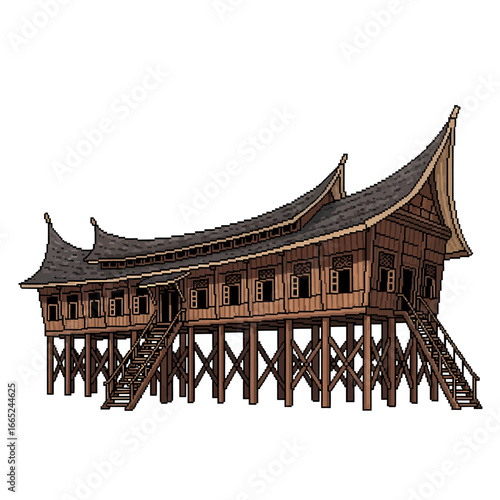 Illustration of a traditional Minangkabau house (Rumah Gadang) with its distinctive curved roof, elevated on stilts with stairs.