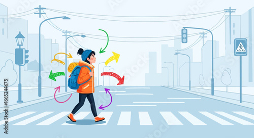 Illustration depicting pedestrian crossing a street with arrows indicating direction and safe route