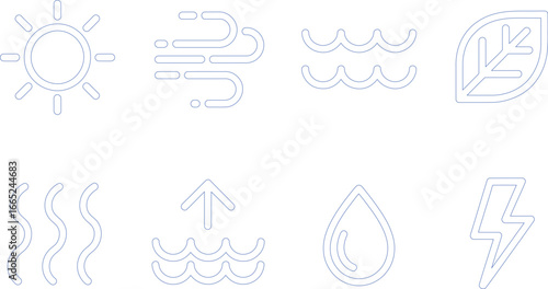 Set of Outline Environmental Icons Sun Wind Water Leaf Heat Evaporation Rainbolt