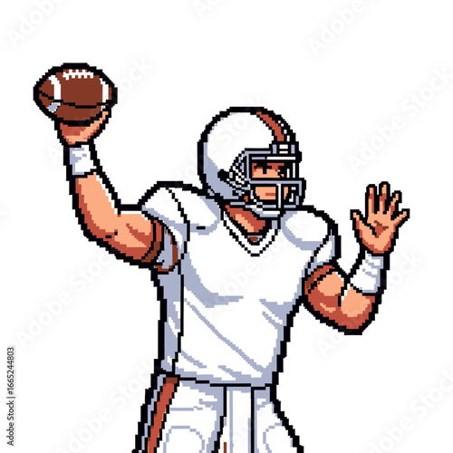 Pixel art illustration of a quarterback throwing an American football.