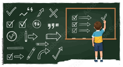 Illustration of a boy drawing on a chalkboard with various checkmarks and arrows and a to-do list