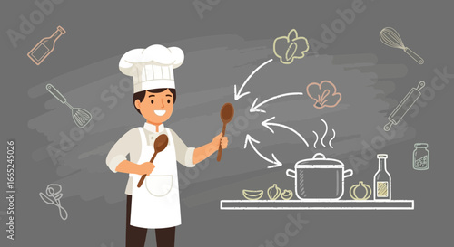 Illustration of a cheerful chef cooking ingredients in a pot, culinary preparation guide concept