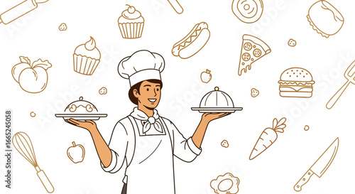 Illustration of a chef surrounded by food items representing the culinary arts and gastronomy