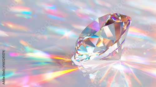 Bright light reflecting rainbow colors on a large diamond over white surface, creating a beautiful and luxurious atmosphere. Diamond reflecting multicolored light spectrum, refracting prismatic colors
