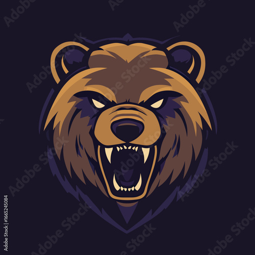Fierce roaring bear head mascot logo with open mouth sharp teeth aggressive expression vector illustration in flat minimalist style on dark background