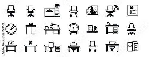 Office furniture and equipment icons set in a minimalist style providing a comprehensive representation of workplace essentials