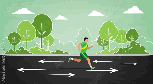 Illustration of a determined man jogging on a road with arrows and green landscape