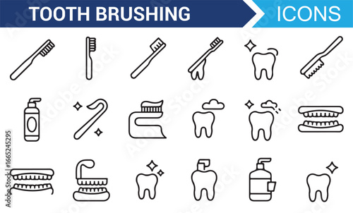 Set of icons for dental care, toothbrush, toothpaste, and flossing routines
