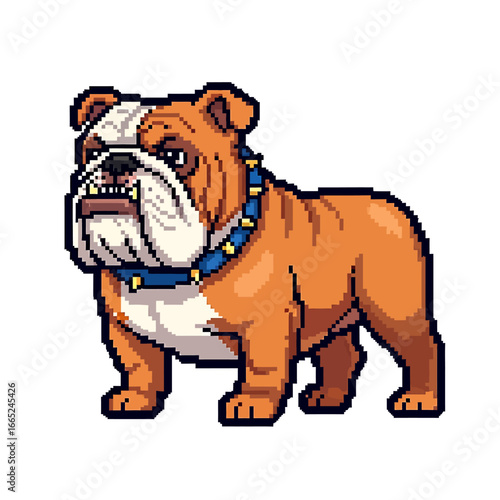 Pixel art illustration of a bulldog wearing a spiked collar.