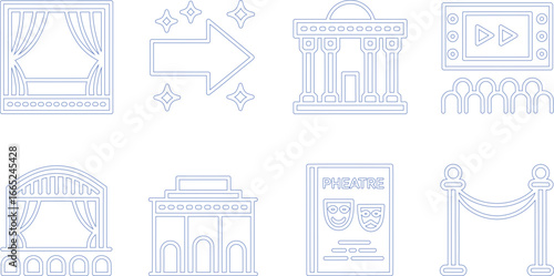 Theatre Blue Outline Icons Stage, Direction Arrow, Building, Film, and Red Carpet