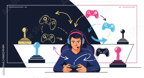 Illustration of a gamer with headset playing games with joystick and gamepad options