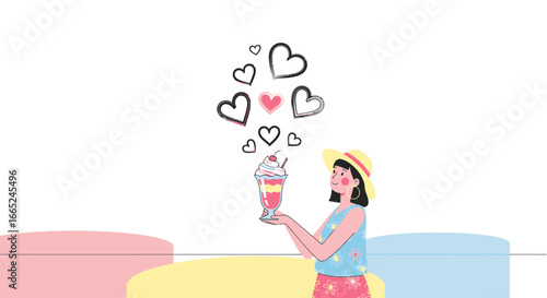 Illustration of a girl enjoying a sweet dessert with hearts floating above it is visually