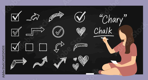 Illustration of a girl writing on a blackboard with chalk drawings and lettering representing