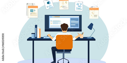 Businessman working on computer with multiple documents and reports pinned on wall in modern office workspace flat vector design