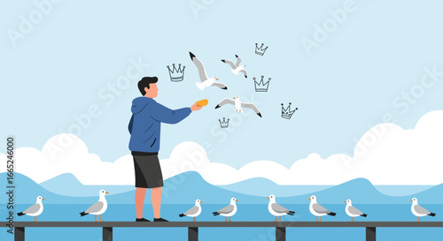 Illustration of a man feeding seagulls near the sea with clouds and crowns
