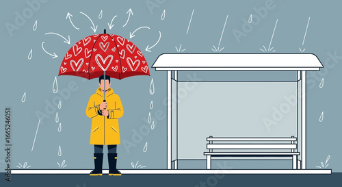 Illustration of a man in a raincoat with a heart-patterned umbrella in the rain waiting at a bus