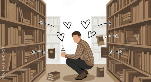 Illustration of a man in a library with books, coffee, and love, embodying the joy of reading and