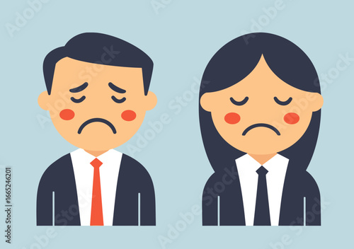 Business man and woman with sad facial expressions wearing formal attire minimal flat vector illustration showing emotions of dissatisfaction and disappointment at work