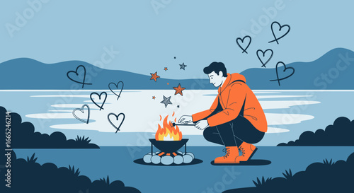 Illustration of a man making a bonfire near a lake symbolizing love and nature connection