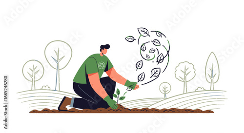 Illustration of a man planting a tree sapling, symbolizing environmental conservation and