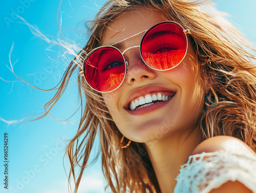 A woman with long blonde hair and red sunglasses is smiling. She is wearing a blue shirt and is standing on a beach