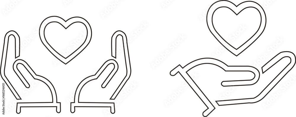 Obraz premium Heart in hand icon,Heart in hand flat, outline icons set. Love vectors.Health and medicine symbol. Healthcare hands holding heart sign.Healthcare hands holding heart flat and line styleHeart in hand i