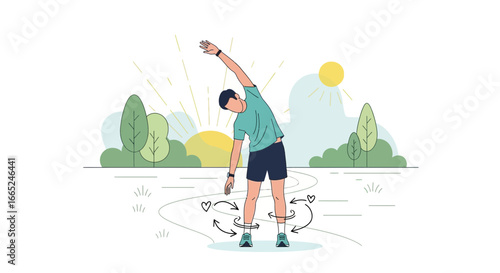 Illustration of a man stretching his torso outdoors, promoting wellness and healthy lifestyle